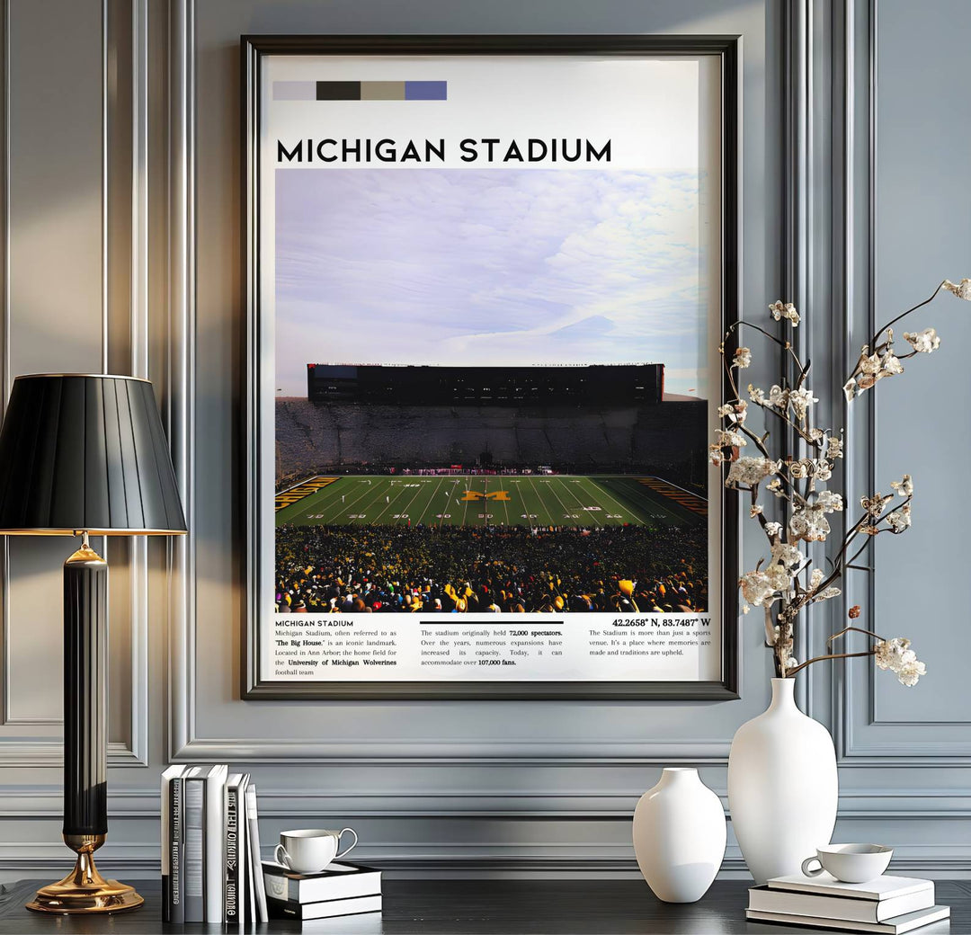 Michigan football print showing Ann Arbor stadium in a clean modern exhibition poster design with color palette. Handcrafted by MapYourDreams, this artwork is available in flexible options including unframed paper, custom wooden frames, and gallery canvas wraps for gallery wall displays.