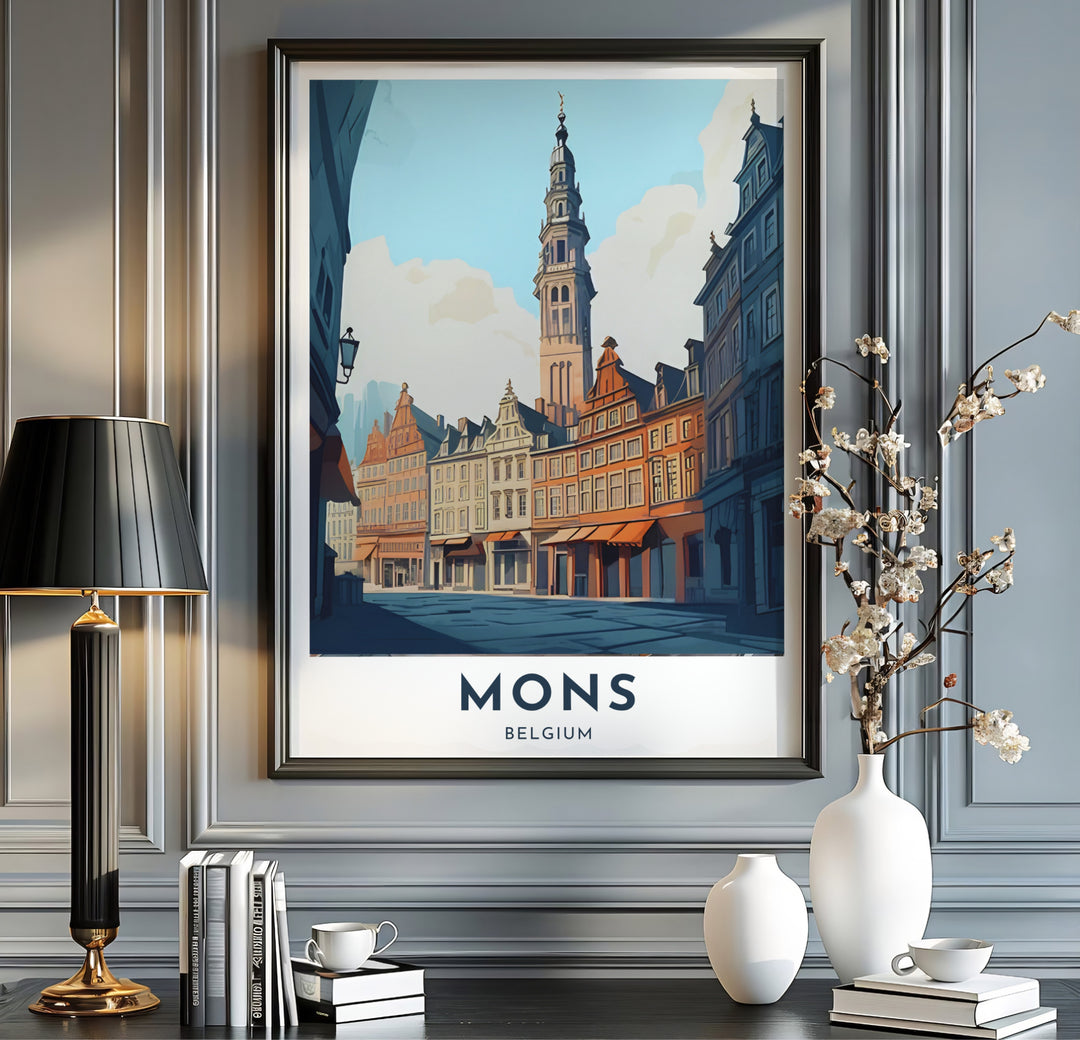 Vintage visual art print detailing the historic Grand-Place district and landmark bell tower of Mons, Belgium. Available from MapYourDreams in multiple presentation formats including unframed archival paper, handcrafted frames, and gallery wrapped canvas styles.