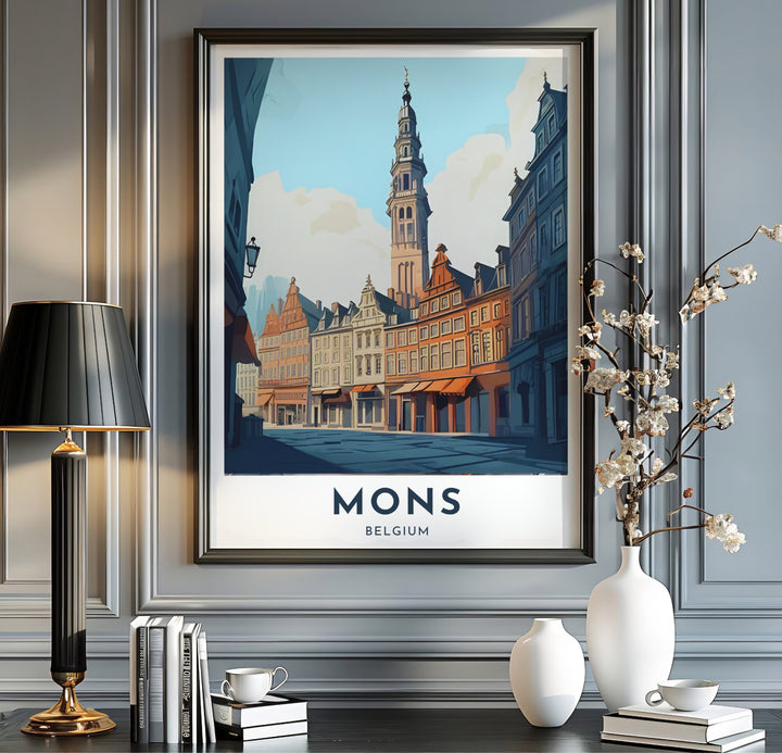 Vintage visual art print detailing the historic Grand-Place district and landmark bell tower of Mons, Belgium. Available from MapYourDreams in multiple presentation formats including unframed archival paper, handcrafted frames, and gallery wrapped canvas styles.