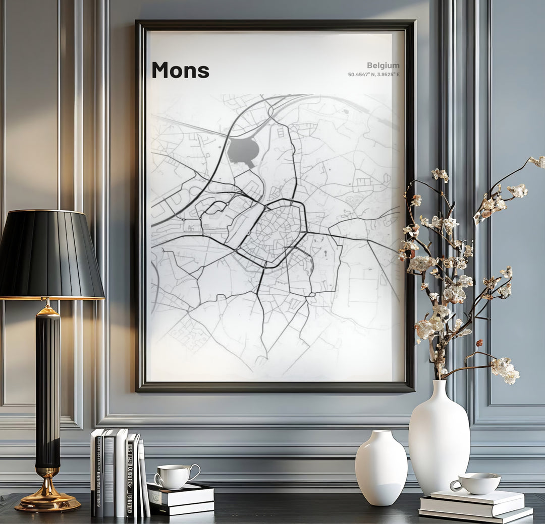 Minimalist black vector city map poster of Mons, Belgium, designed with clean aesthetics and high-definition road networks. Offered by MapYourDreams, this artwork is available in flexible options including unframed paper, custom wooden frames, and gallery canvas wraps.