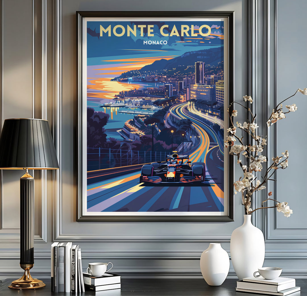 Beautiful travel print of the Monte Carlo waterfront in Monaco, featuring a high-speed racing car on the coastal road with dramatic light trails stretching into the distance; select your preferred art finish from our unframed, stretched canvas, and professionally framed options.