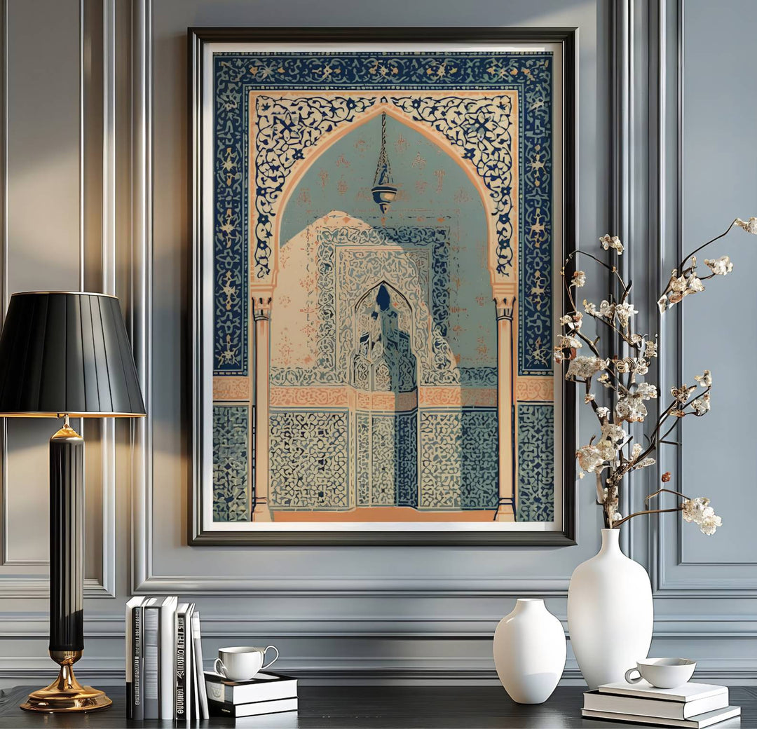 Spain travel print showing Moorish archway architecture in Granada in a crisp vector graphic fine art photography poster style. Handcrafted by MapYourDreams, this artwork is available in flexible options including unframed paper, custom wooden frames, and gallery canvas wraps for gallery wall displays.