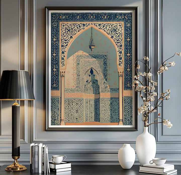 Spain travel print showing Moorish archway architecture in Granada in a crisp vector graphic fine art photography poster style. Handcrafted by MapYourDreams, this artwork is available in flexible options including unframed paper, custom wooden frames, and gallery canvas wraps for gallery wall displays.