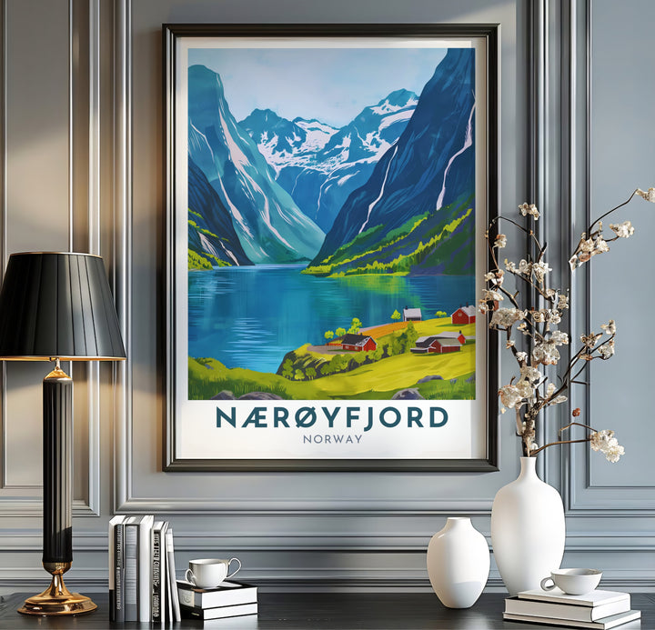 Breathtaking graphic view of towering mountain cliffs and red farmsteads in Nærøyfjord Norway reflecting across smooth summer waters. This travel landscape piece is offered across multiple formats including custom framed prints, premium canvas stretched artwork, and classic unframed poster options.