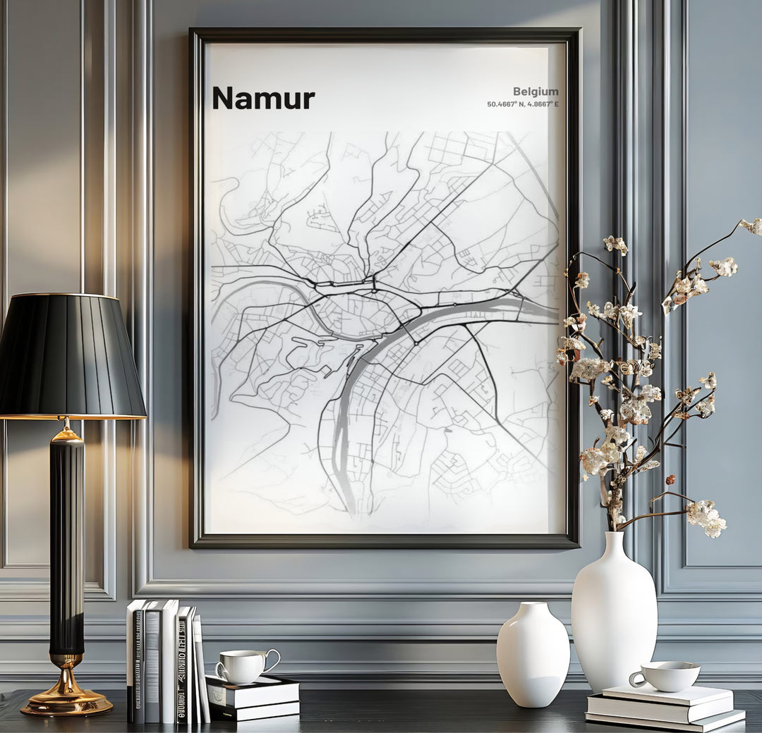 Minimalist black vector city map poster of Namur, Belgium, crafted with clean lines and high-definition road networks across the river banks. Offered by MapYourDreams, this artwork is available in flexible options including unframed paper, custom wooden frames, and gallery canvas wraps.