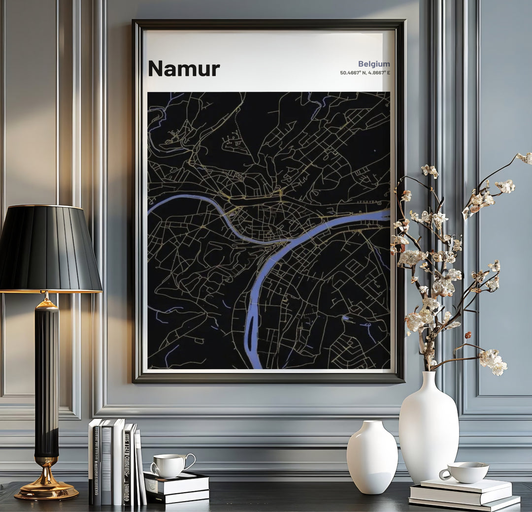 Dark mode vector city map poster of Namur, Belgium, designed with crisp golden line work and vivid blue rivers for maximum visual depth. Offered by MapYourDreams, this artwork is available in flexible options including unframed paper, custom wooden frames, and gallery canvas wraps.