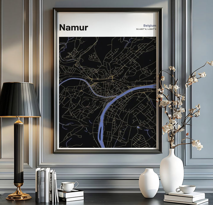 Dark mode vector city map poster of Namur, Belgium, designed with crisp golden line work and vivid blue rivers for maximum visual depth. Offered by MapYourDreams, this artwork is available in flexible options including unframed paper, custom wooden frames, and gallery canvas wraps.