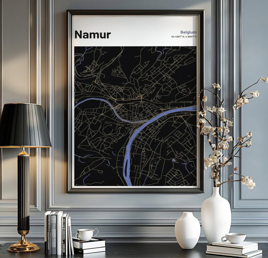 Dark mode vector city map poster of Namur, Belgium, designed with crisp golden line work and vivid blue rivers for maximum visual depth. Offered by MapYourDreams, this artwork is available in flexible options including unframed paper, custom wooden frames, and gallery canvas wraps.