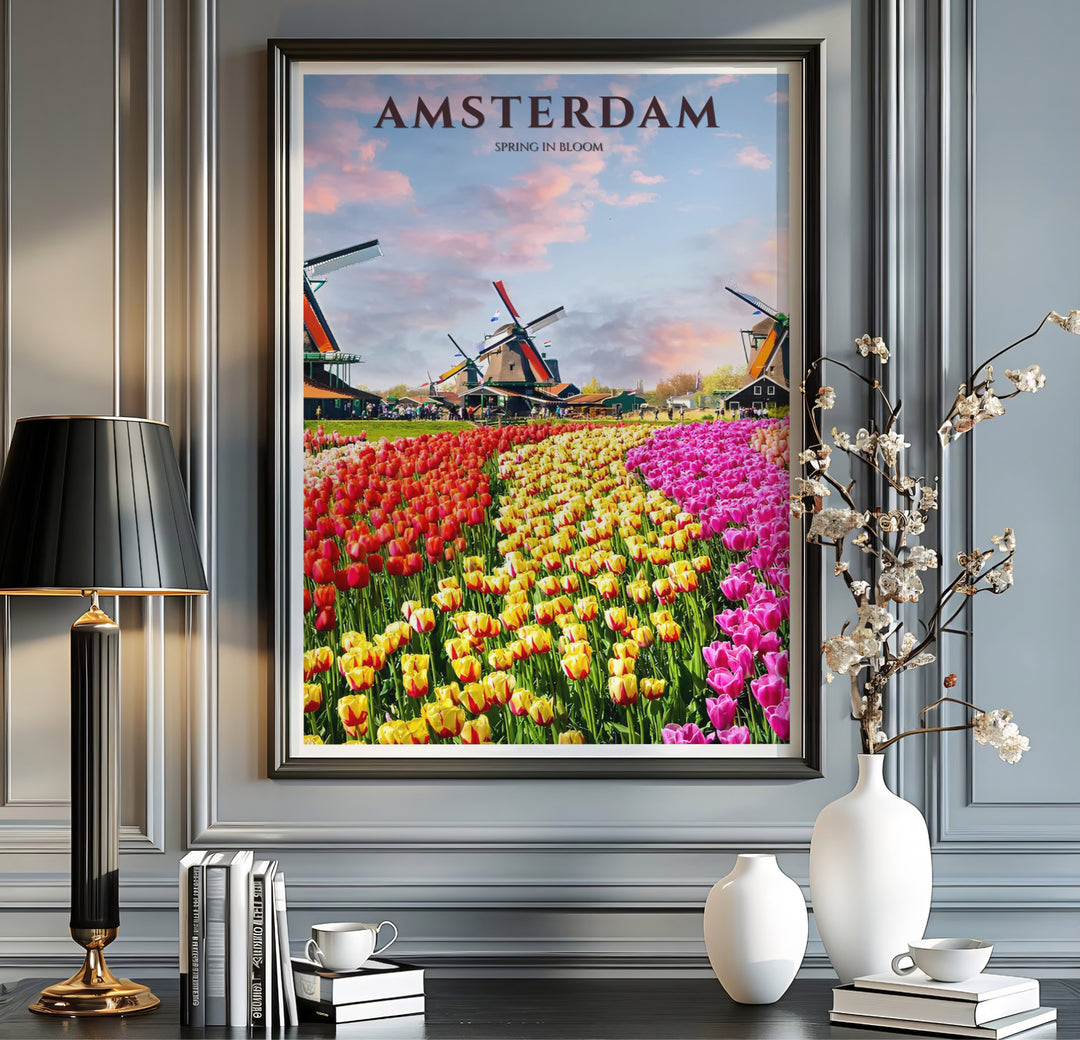 Botanical travel art poster featuring parallel rows of tulips stretching toward Dutch windmills on a spring evening in the Netherlands, offered by MapYourDreams where you can select an unframed poster, a gallery wrapped canvas, or a custom frame option to create a colorful floral wall gallery.
