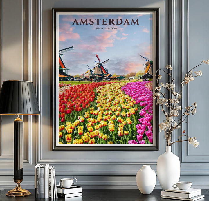 Botanical travel art poster featuring parallel rows of tulips stretching toward Dutch windmills on a spring evening in the Netherlands, offered by MapYourDreams where you can select an unframed poster, a gallery wrapped canvas, or a custom frame option to create a colorful floral wall gallery.