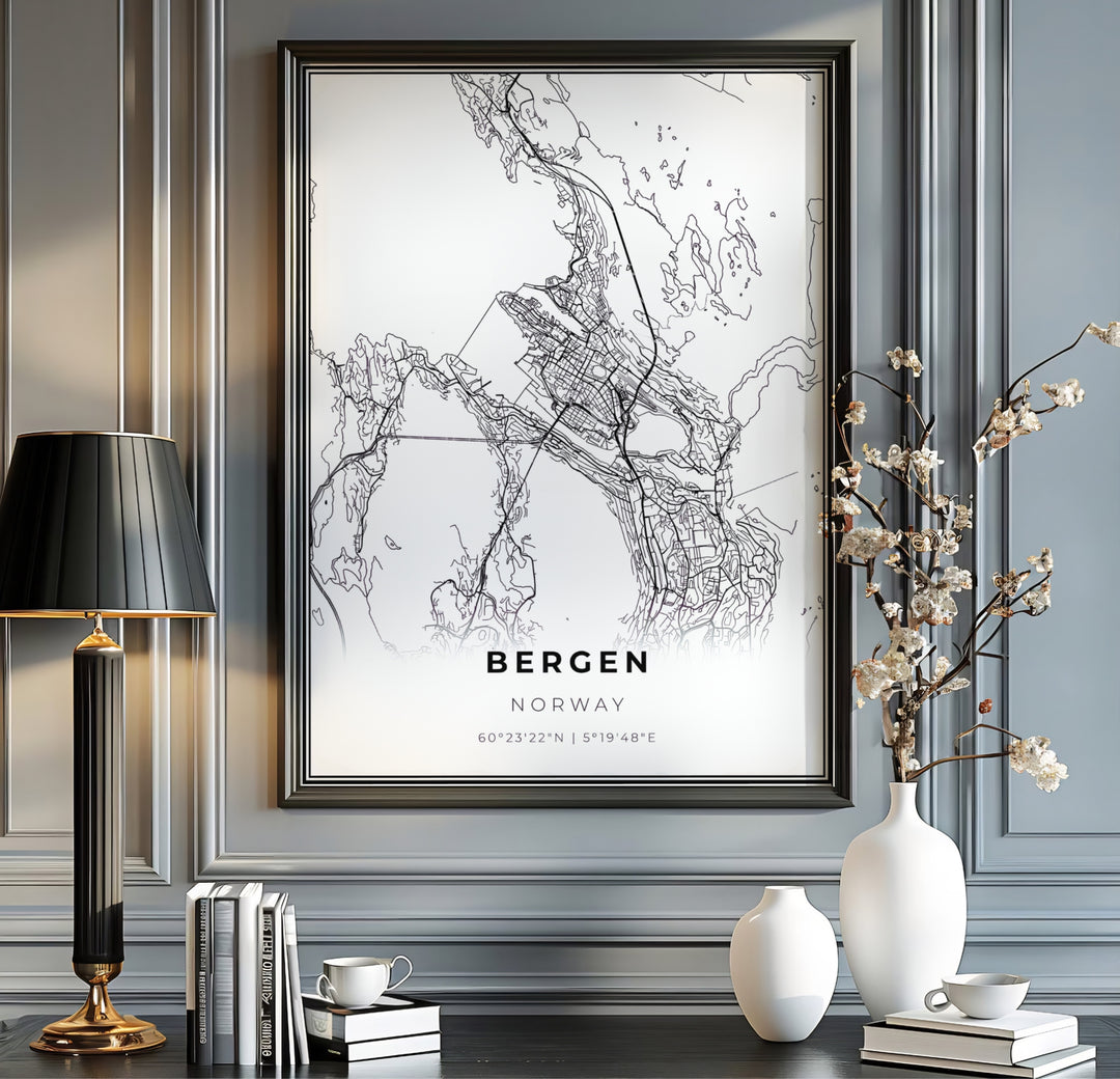 Sophisticated black and white road network map of Bergen Norway showing land masses, water bodies, and detailed street paths. This cartography piece is offered across multiple formats including custom framed prints, premium canvas stretched artwork, and classic unframed poster options.