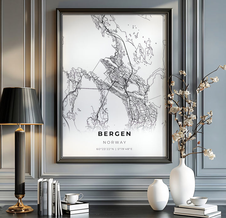 Sophisticated black and white road network map of Bergen Norway showing land masses, water bodies, and detailed street paths. This cartography piece is offered across multiple formats including custom framed prints, premium canvas stretched artwork, and classic unframed poster options.