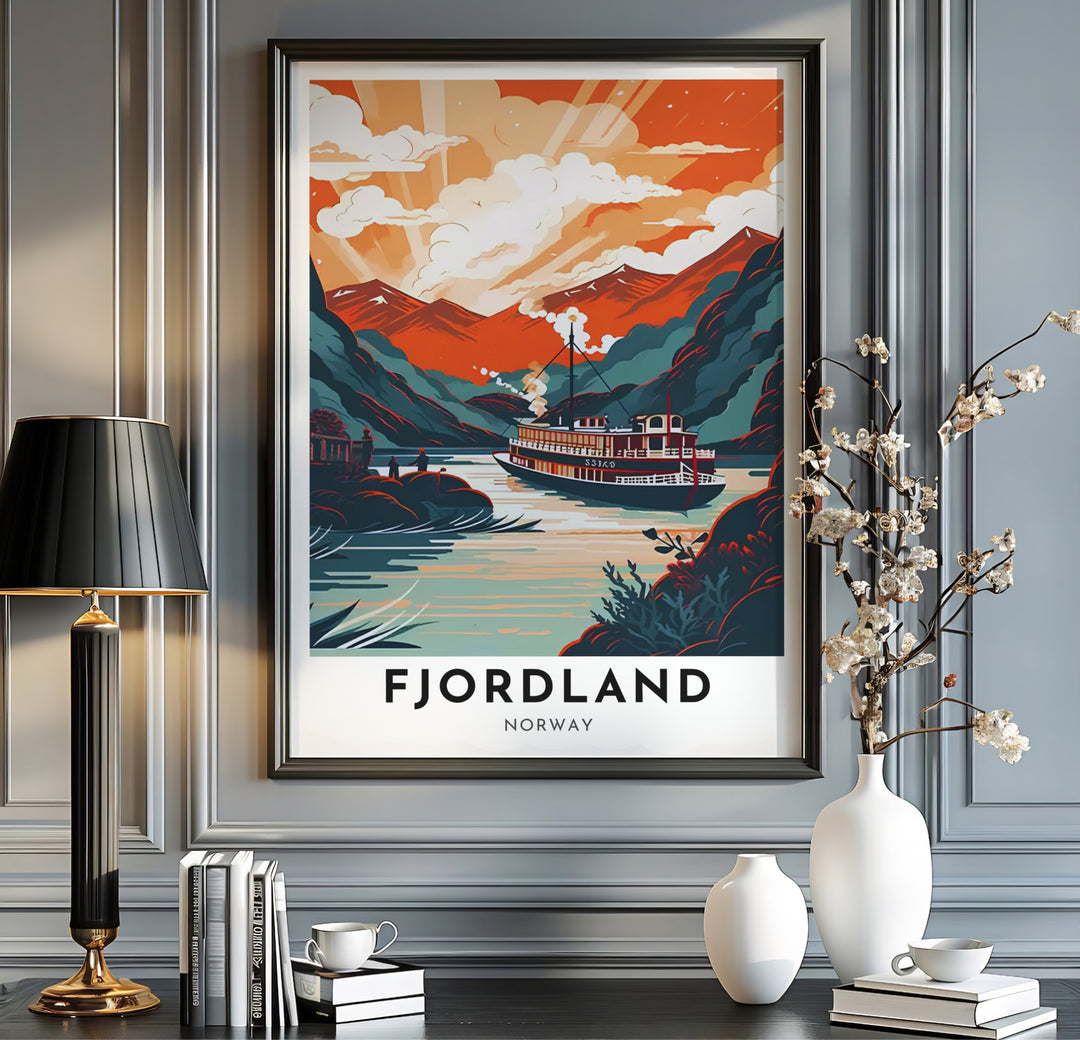 Panoramic style retro poster of a steamboat in Fjordland Norway surrounded by steep mountain walls and glowing clouds. This travel piece is offered across multiple formats including custom framed prints, premium canvas stretched artwork, and classic unframed poster options.