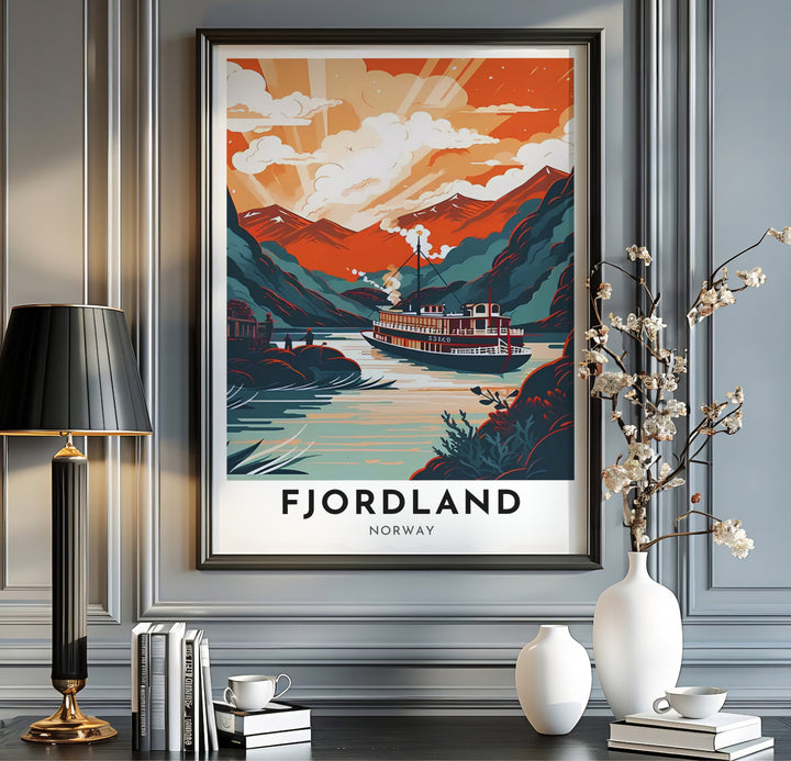 Panoramic style retro poster of a steamboat in Fjordland Norway surrounded by steep mountain walls and glowing clouds. This travel piece is offered across multiple formats including custom framed prints, premium canvas stretched artwork, and classic unframed poster options.