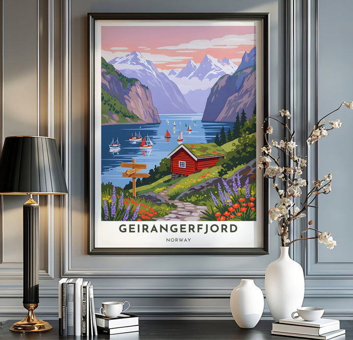 Travel poster of Geirangerfjord Norway highlighting a traditional grass-roofed wooden cabin and sailboats resting on serene fjord waters. This landscape piece is offered across multiple formats including custom framed prints, premium canvas stretched artwork, and classic unframed poster options.