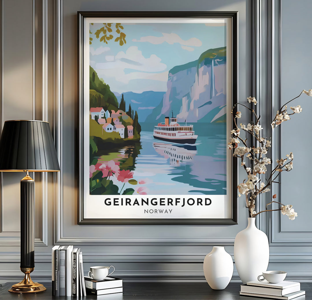 Scenic graphic print of Geirangerfjord Norway with a white passenger ferry passing a hillside village setting. Upgrade your home interior with this travel artwork available across physical formats such as unframed paper prints, protective framed designs, and gallery wrap canvas prints.