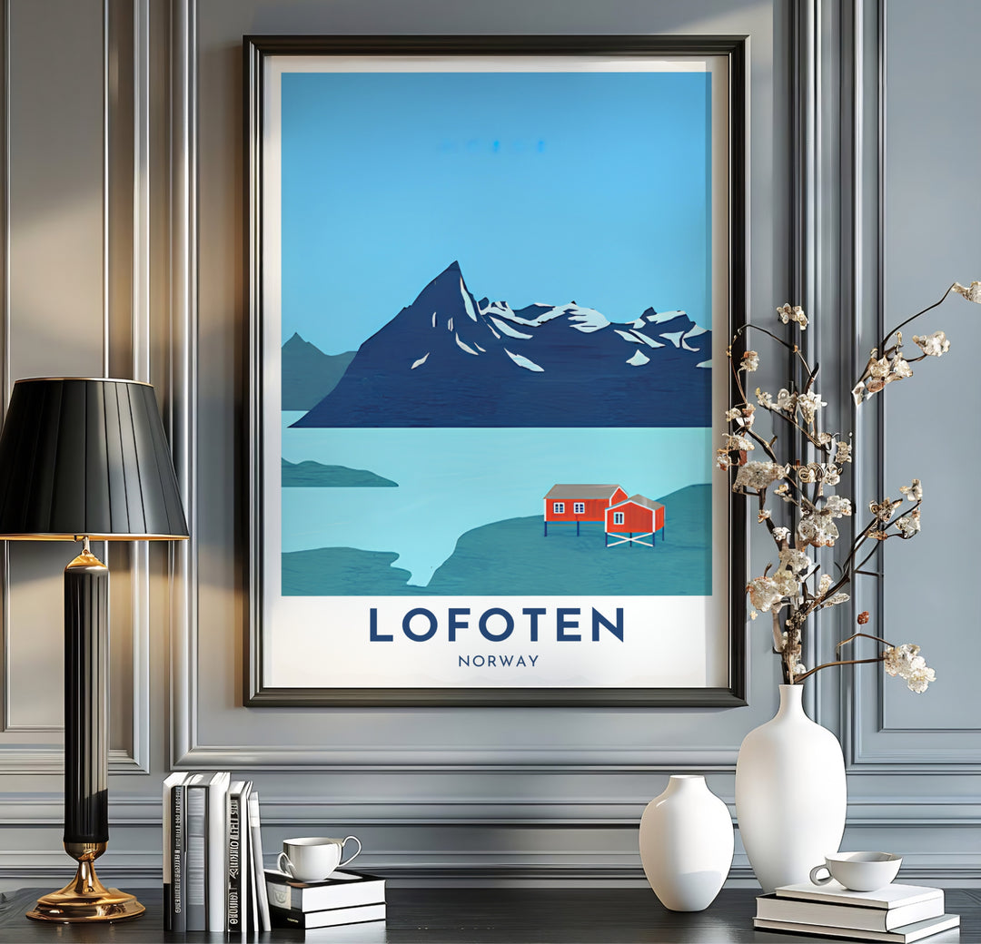 Minimalist Arctic travel illustration of Lofoten Norway capturing red fishing huts along quiet shoreline waters. This mountain wall piece is offered across multiple formats including custom framed prints, premium canvas stretched artwork, and classic unframed poster options.