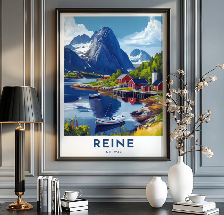 Painterly Scandinavian landscape print of Reine Norway with small wooden boats in a quiet bay surrounded by towering alpine mountains. Decorate your office or home with this artwork, available in lightweight unframed paper, protective framed designs, or gallery wrap canvas options.
