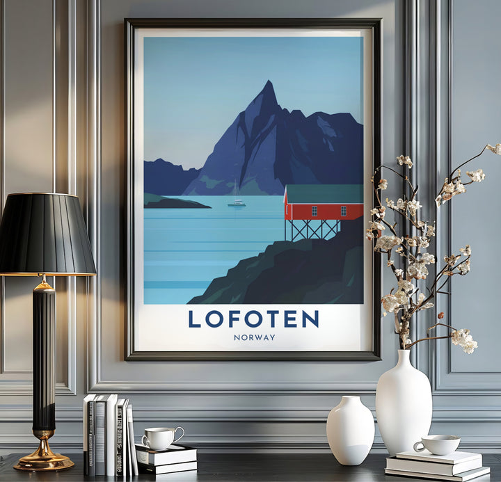 Panoramic vector print of Lofoten Norway featuring a red stilt cabin, tranquil blue water, and a dramatic mountain peak under a gradient sky. Created by MapYourDreams, this fine art selection includes versatile presentation formats like unframed poster paper, solid wood framed prints, and gallery canvas wraps.
