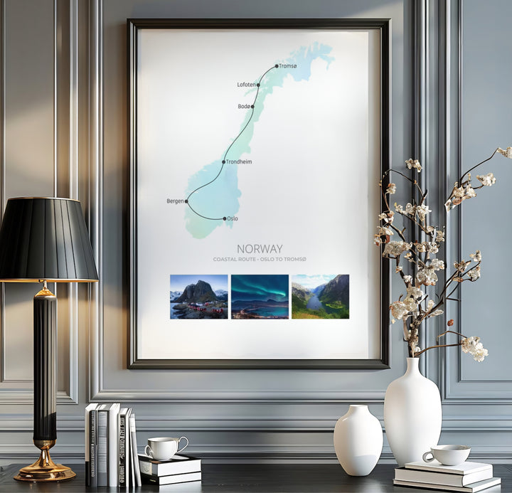 Travel cartography print of Norway tracing the coastal transit line from Oslo to Tromsø through Bergen, Trondheim, and Lofoten. Created by MapYourDreams, this fine art selection includes presentation formats like unframed poster paper, solid wood framed prints, and gallery canvas wraps.