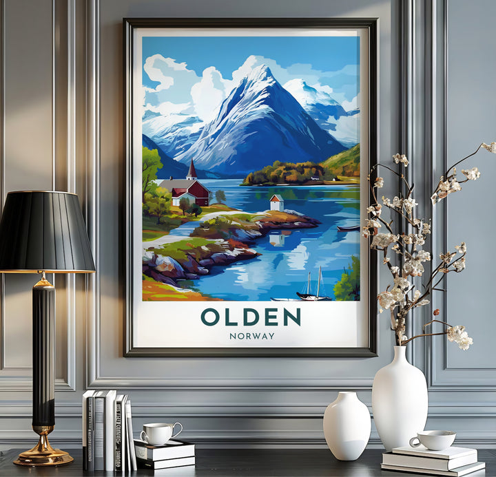 Travel poster illustration highlighting the natural beauty of Olden Norway with glacier mountains reflecting in the calm Nordfjord waters. Offered by MapYourDreams, this travel artwork is customizable as an unframed poster print, ready-to-hang framed print, or premium gallery canvas wrap.