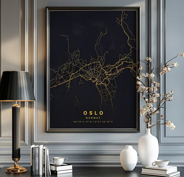 Contemporary city layout poster displaying Oslo Norway in sleek gold vector lines on a dark background with city coordinates. Offered by MapYourDreams, this map artwork is customizable as an unframed poster print, ready-to-hang framed print, or premium gallery canvas wrap.