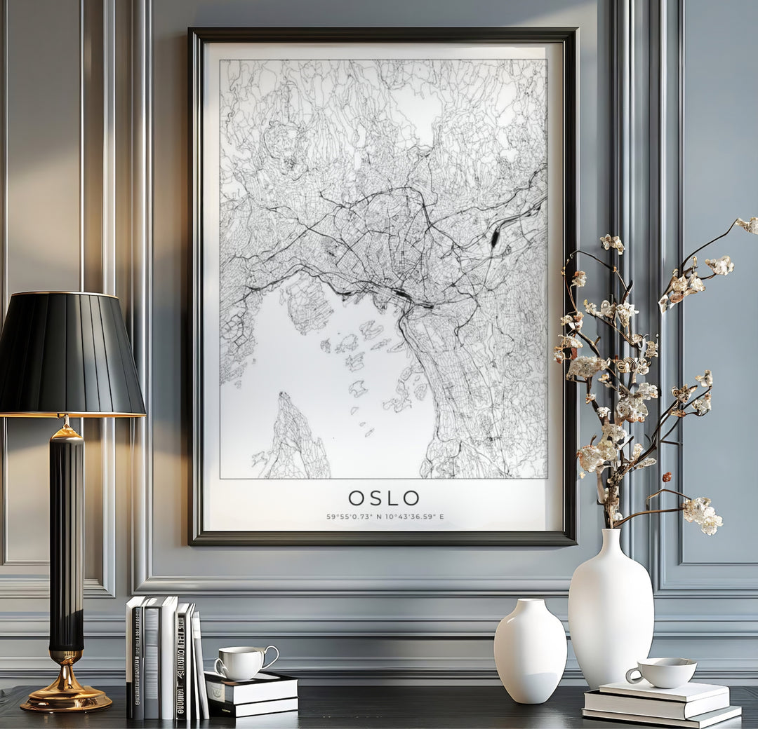 Contemporary city street layout print displaying Oslo Norway in crisp black vector lines on a minimalist white backdrop. Offered by MapYourDreams, this map artwork is customizable as an unframed poster print, ready-to-hang framed print, or premium gallery canvas wrap.