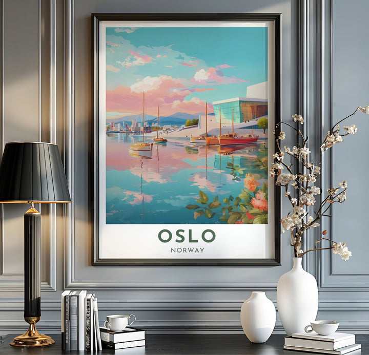 Artistic harbor view print illustrating the modern structure of the Oslo Opera House against a pink and blue sunset cloudscape. Enhance your office space with options including unframed archival paper prints, custom wood framed artwork, and gallery quality canvas wraps.