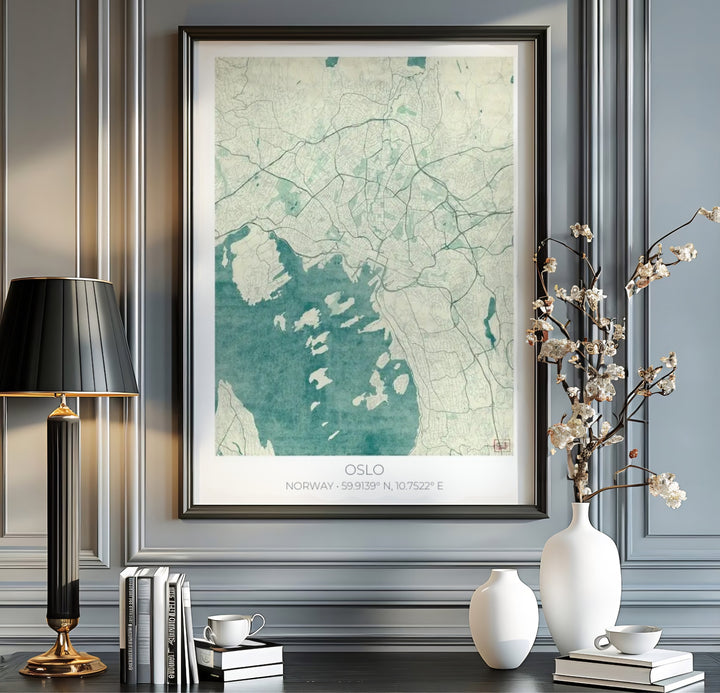 Vintage cartographic street layout print displaying Oslo Norway in ocean blue watercolor textures and subtle grey road vectors. Offered by MapYourDreams, this map artwork is customizable as an unframed poster print, ready-to-hang framed print, or premium gallery canvas wrap.