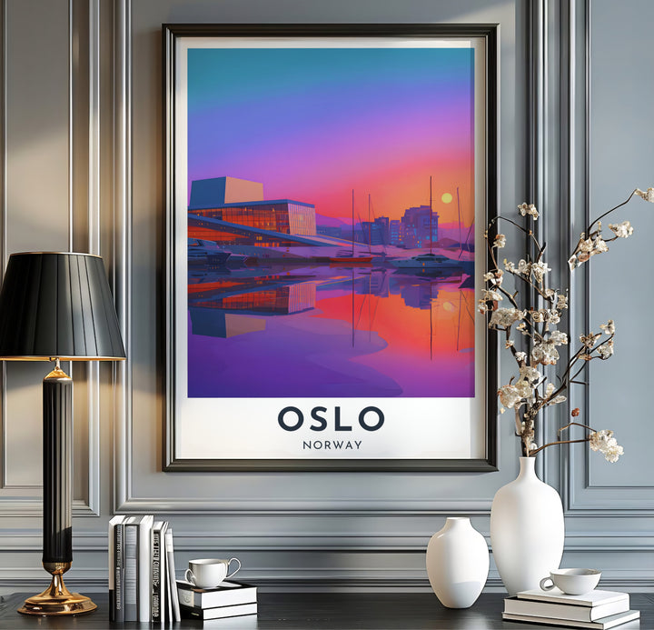 Vibrant Nordic travel poster displaying the Oslo Opera House at dusk with boats moored along the reflecting harbor waters in Norway. Offered by MapYourDreams, this architectural artwork is customizable as an unframed poster print, ready-to-hang framed print, or premium gallery canvas wrap.