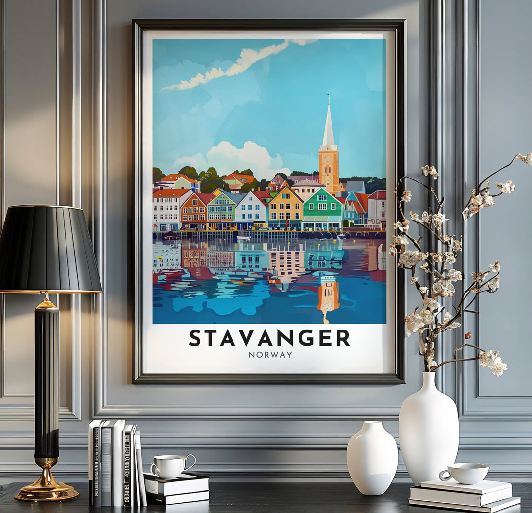 Vibrant Scandinavian travel artwork showcasing Stavanger Norway harbor houses and rising church spire under bright daylight. Offered by MapYourDreams, this architectural artwork is customizable as an unframed poster print, ready-to-hang framed print, or premium gallery canvas wrap.