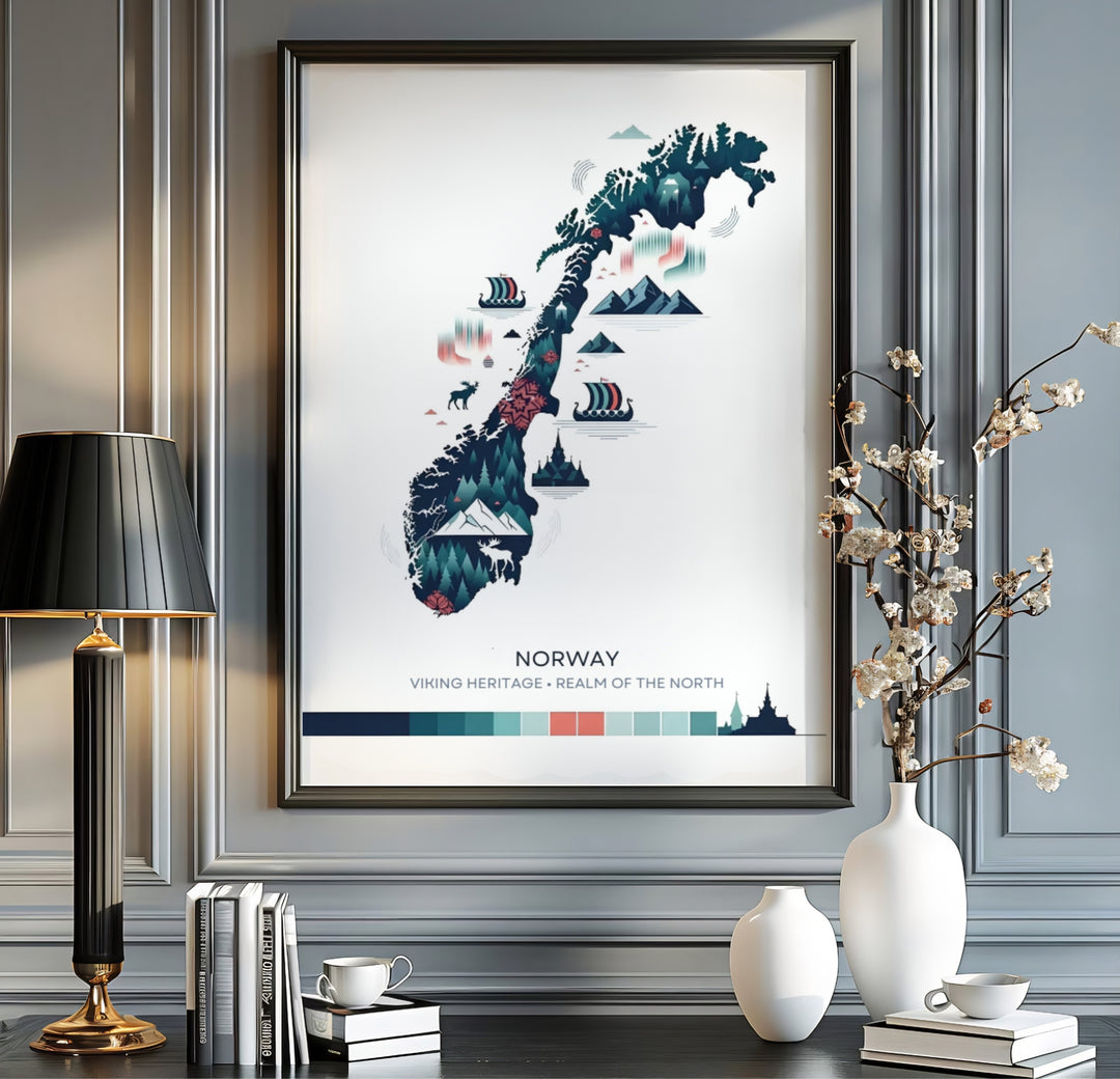 Illustrated vector travel poster of Norway decorated with traditional Scandinavian folk art floral motifs, forest stags, and mountain ranges. Offered by MapYourDreams, this folklore artwork is customizable as an unframed poster print, ready-to-hang framed print, or premium gallery canvas wrap.