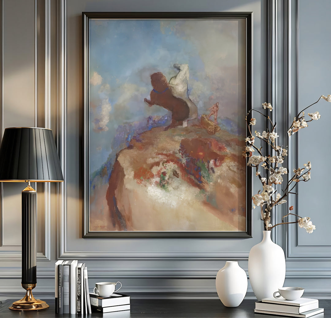 Fine art giclée mythological poster of Odilon Redon Apollo In His Chariot 1905 preserved in Rijksmuseum Amsterdam with celestial blue sky tones. MapYourDreams offers versatile framed wall art, unframed paper prints, and stretched canvas choices for complete room decoration projects.