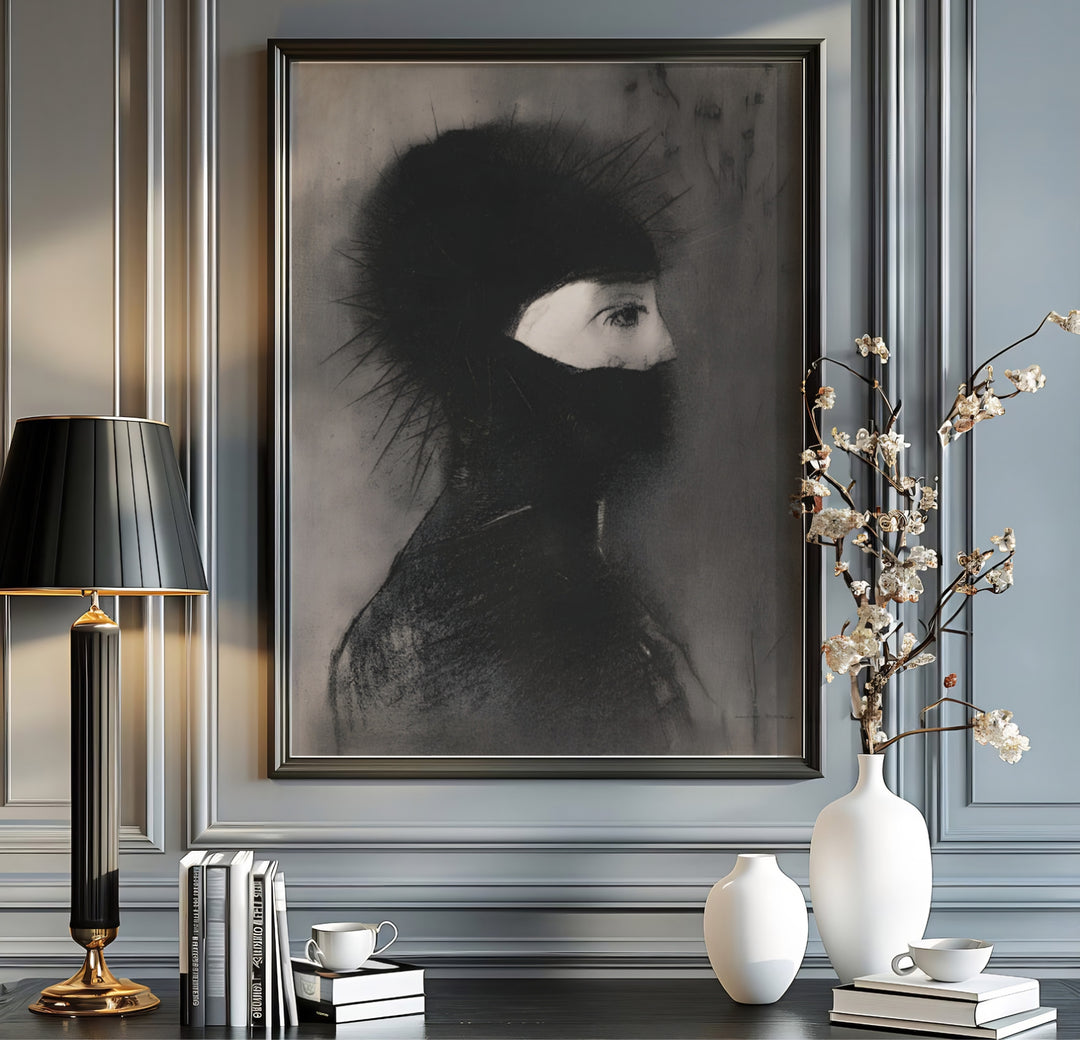 Fine art giclée Symbolist creation of Odilon Redon Armor 1891 preserved in The Metropolitan Museum of Art in New York with rich black tone contrasts. MapYourDreams offers versatile framed wall art, unframed paper prints, and stretched canvas choices for complete room decorating projects.