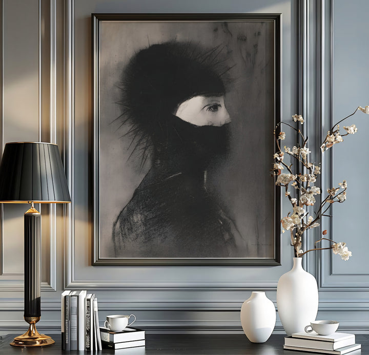 Fine art giclée Symbolist creation of Odilon Redon Armor 1891 preserved in The Metropolitan Museum of Art in New York with rich black tone contrasts. MapYourDreams offers versatile framed wall art, unframed paper prints, and stretched canvas choices for complete room decorating projects.