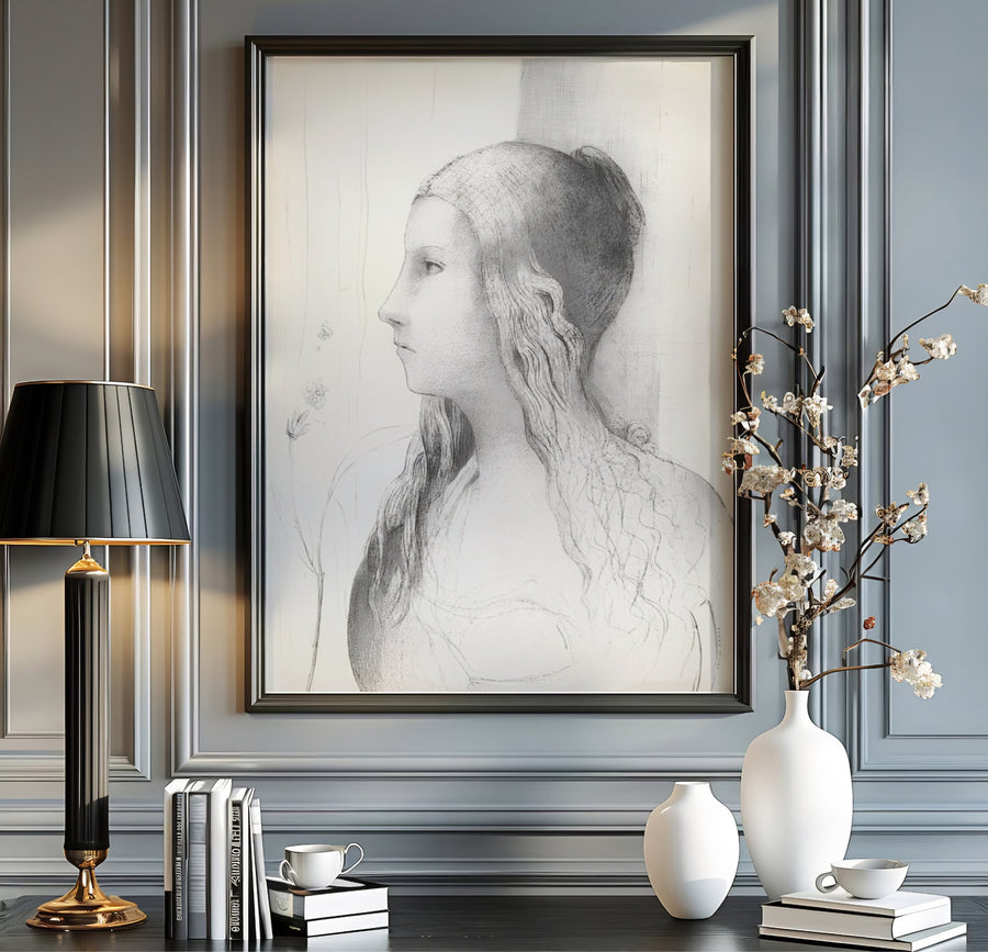 Monochrome Symbolist poster of Brünnhilde in profile, designed by French artist Odilon Redon in 1894. Designed to fit modern or vintage interiors, your order can be completed as an unframed paper print, a custom framed piece, or a stretched canvas display.