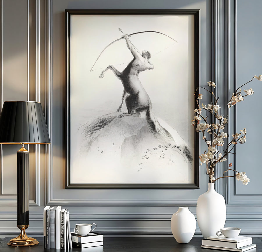 Fine art lithograph print of Odilon Redon’s Centaur Aiming At The Clouds 1895, featuring expressive linework and dramatic tension. MapYourDreams provides tailored wall decor selections, ranging from simple unframed poster paper to pre-framed displays and gallery canvas wraps.
