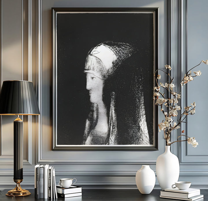Mysterious Symbolist poster of a priestess in profile, designed by French printmaker Odilon Redon in Druidesse 1891. Suitable for moody gallery walls, your order can be completed as an unframed paper print, a custom framed piece, or a stretched canvas display.