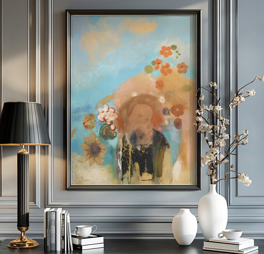 Dreamy Symbolist poster of a figure framed by sunflowers, designed by French painter Odilon Redon in Evocation Of Roussel 1912. Suitable for colorful gallery walls, your order can be completed as an unframed paper print, a custom framed piece, or a stretched canvas display.