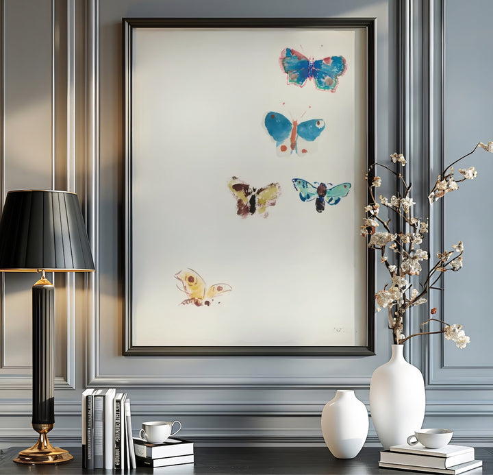 Dreamy Symbolist poster of five butterflies on parchment paper, designed by French painter Odilon Redon in Five Butterflies 1910. Suitable for colorful gallery walls, your order can be completed as an unframed paper print, a custom framed piece, or a stretched canvas display.