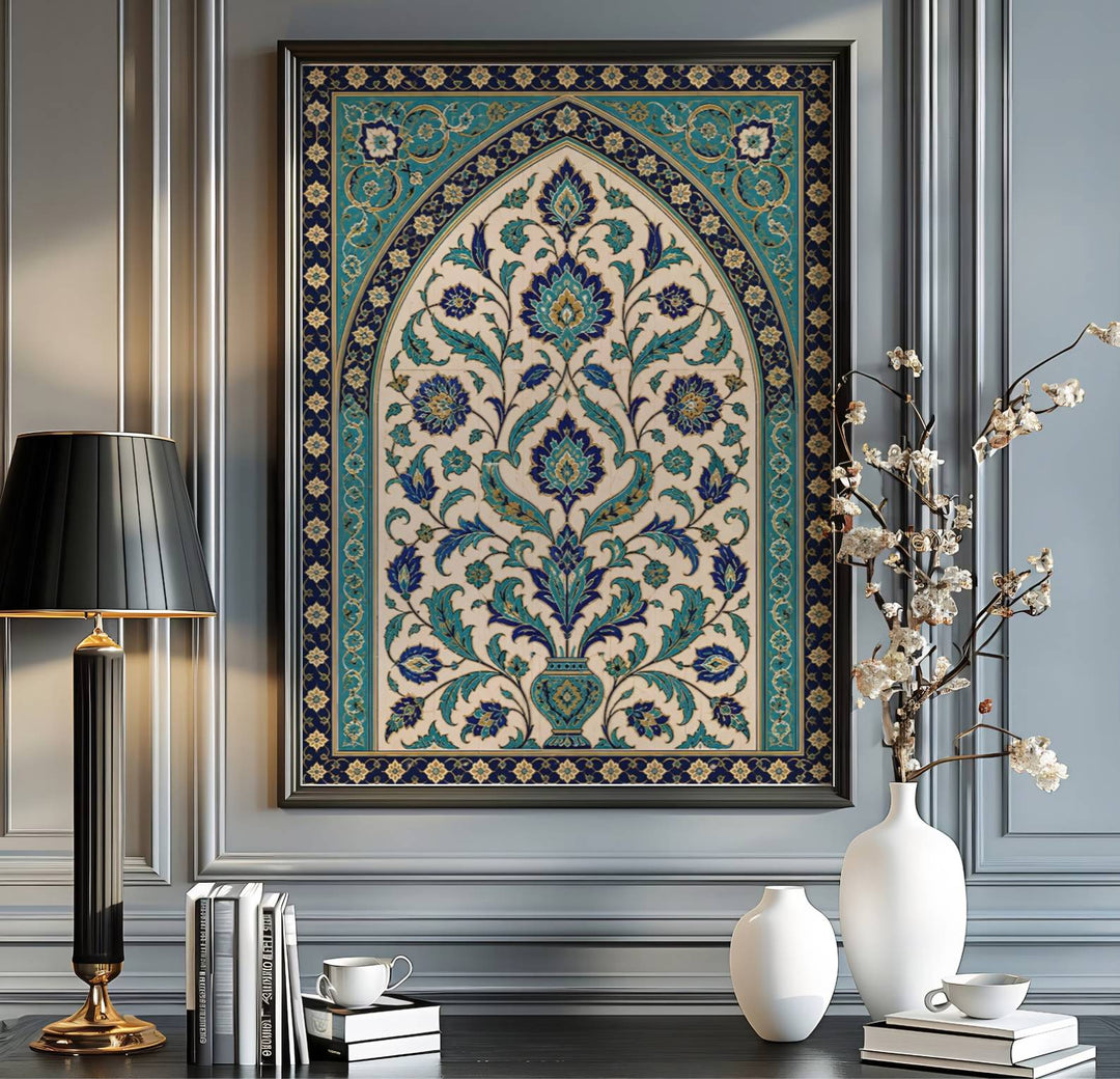 Turkey travel print showing Ottoman Iznik tile art in Istanbul in a crisp fine art ceramic photography poster style. Handcrafted by MapYourDreams, this artwork is available in flexible options including unframed paper, custom wooden frames, and gallery canvas wraps for gallery wall displays.