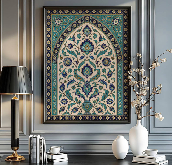 Turkey travel print showing Ottoman Iznik tile art in Istanbul in a crisp fine art ceramic photography poster style. Handcrafted by MapYourDreams, this artwork is available in flexible options including unframed paper, custom wooden frames, and gallery canvas wraps for gallery wall displays.