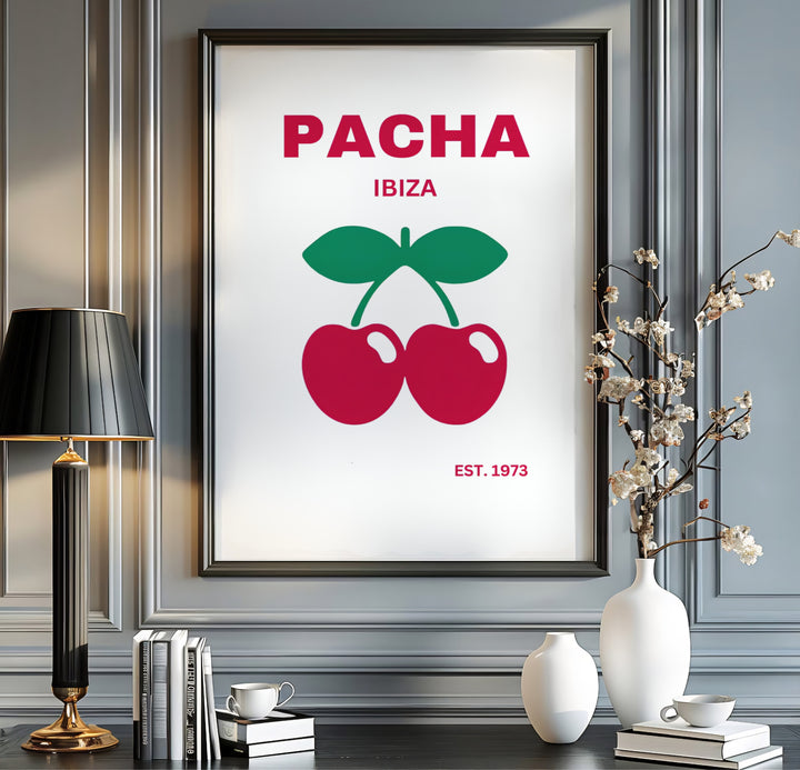 1970s house music heritage art print illustrating classic red cherries icon for Pacha in Ibiza, Spain, created by MapYourDreams where customers can select an unframed poster, gallery canvas, or custom frame finish to build a minimalist music gallery wall.