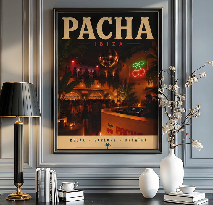 Classic 1970s venue heritage art print depicting atmospheric dance floor crowd for Pacha in Ibiza, Spain, created by MapYourDreams where customers can select an unframed poster, gallery canvas, or custom frame finish to build an eclectic dance music wall.
