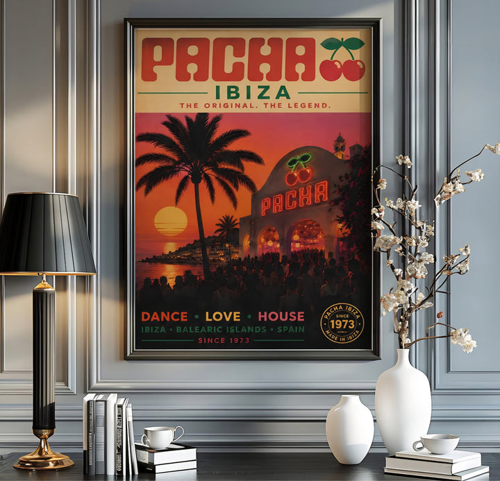 Authentic Ibiza club culture wall art print featuring vintage text reading Dance Love House and Made in Ibiza stamp, supplied by MapYourDreams as an unframed poster, gallery-style canvas, or custom framed print for bedroom and lounge decoration.