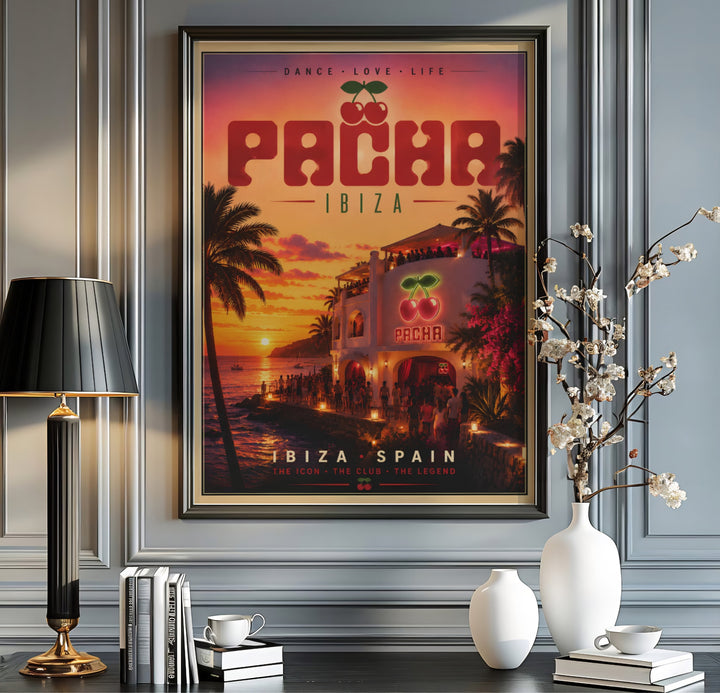 Pacha Ibiza neon cherry sign wall art print showing partygoers on open-air balconies during golden hour sunset in Spain, presented by MapYourDreams as an unframed fine art print, gallery canvas decor, or custom framed wall art in bronze and gold frame choices.