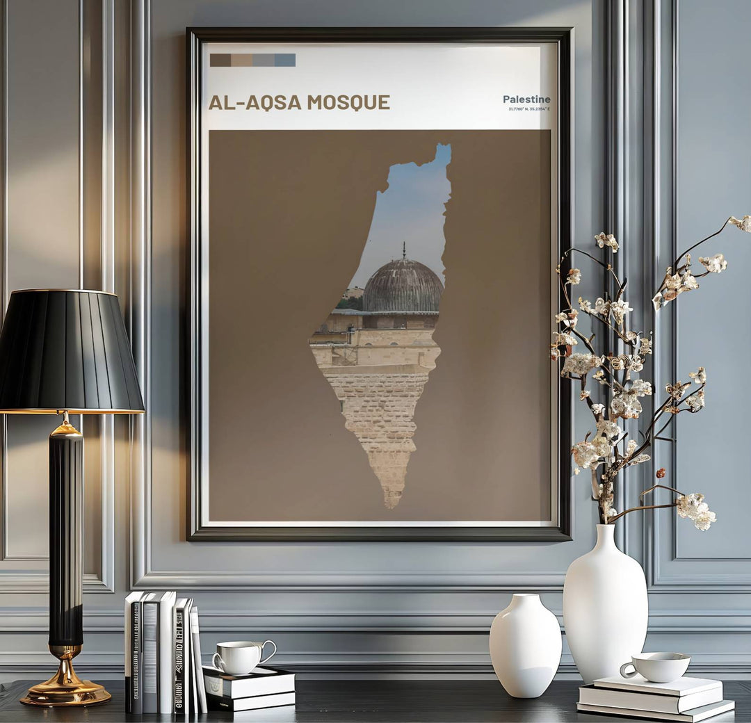 Palestine travel print showing Al Aqsa Mosque in Jerusalem in a crisp modern minimalist map silhouette photo poster style. Handcrafted by MapYourDreams, this artwork is available in flexible options including unframed paper, custom wooden frames, and gallery canvas wraps for gallery wall displays.
