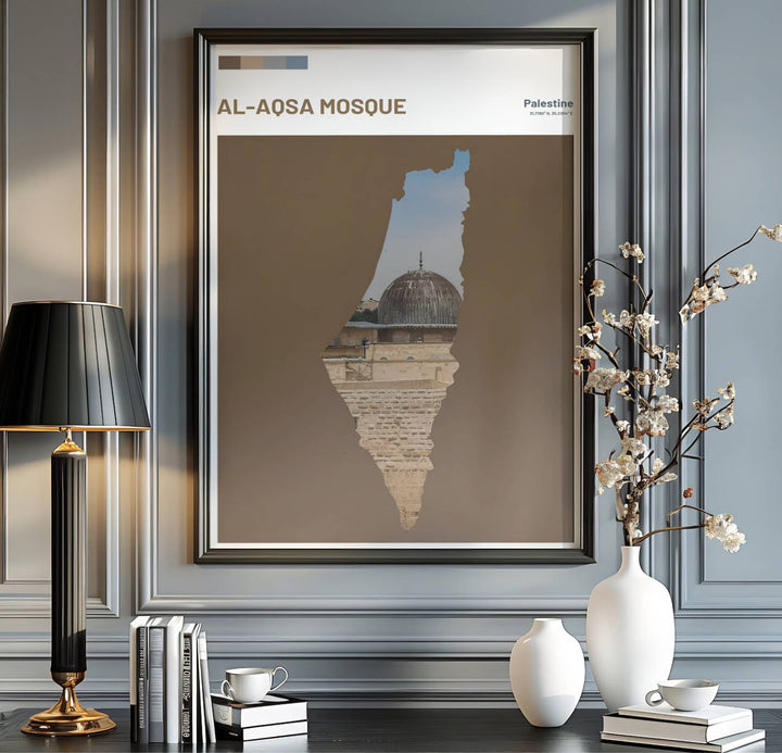 Palestine travel print showing Al Aqsa Mosque in Jerusalem in a crisp modern minimalist map silhouette photo poster style. Handcrafted by MapYourDreams, this artwork is available in flexible options including unframed paper, custom wooden frames, and gallery canvas wraps for gallery wall displays.