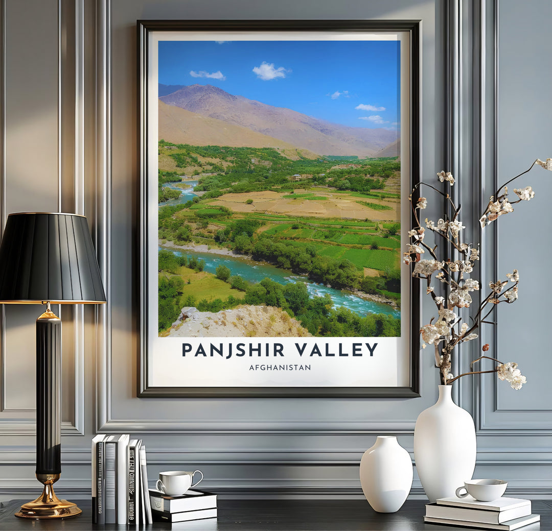 Organic landscape print of Panjshir Valley, Afghanistan, showcasing vivid river bends, rural pastures, and majestic mountain vistas. Presented by MapYourDreams as an unframed paper print, a gallery canvas wall decor piece, or a custom framed wall art item in grey and black frame options.