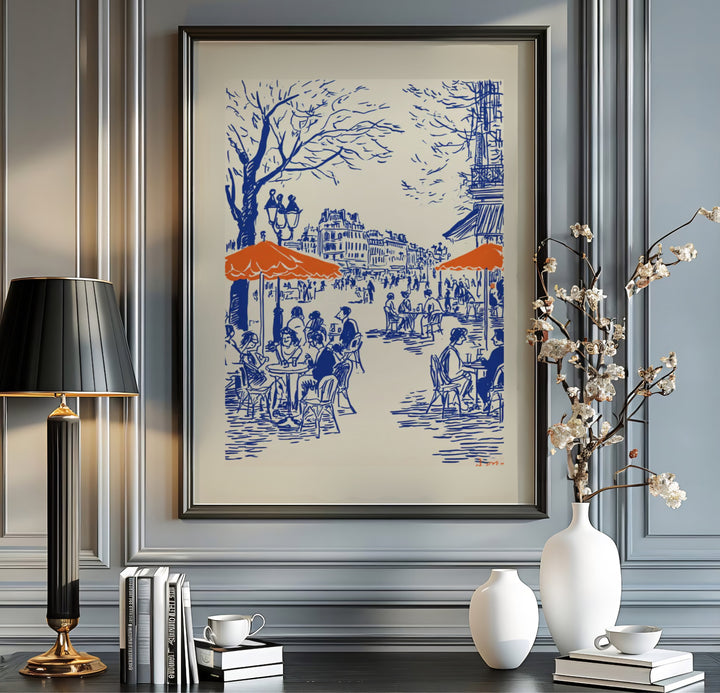 Artistic French coffee shop canvas print showcasing patrons conversing at an outdoor cafe in Paris France. Order custom framed, unframed paper, or textured canvas print options from MapYourDreams.